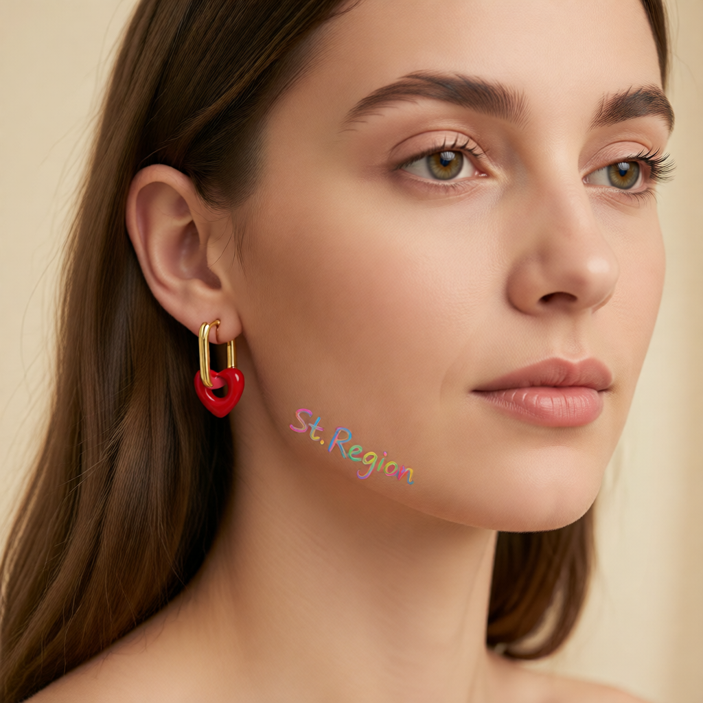 Red & 18K Gold-Plated Heart Huggie Earrings