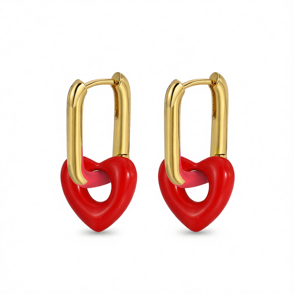 Red & 18K Gold-Plated Heart Huggie Earrings
