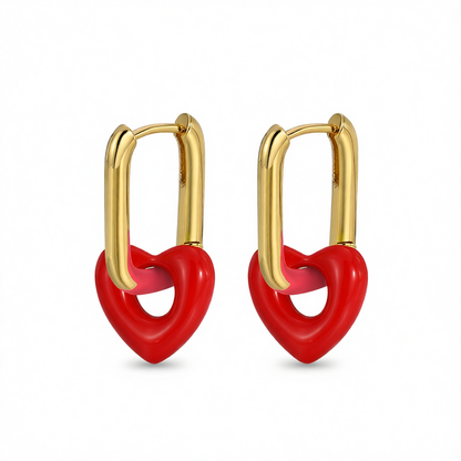 Red & 18K Gold-Plated Heart Huggie Earrings
