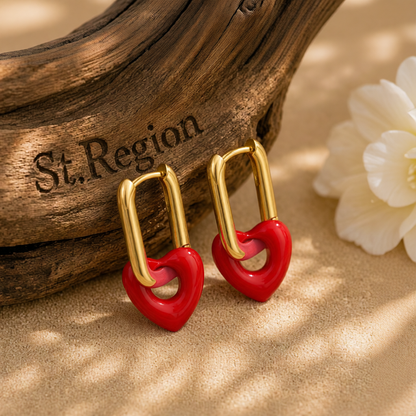 Red & 18K Gold-Plated Heart Huggie Earrings