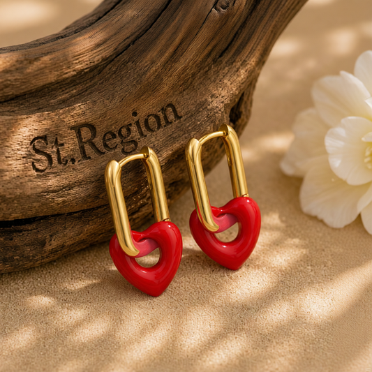 Red & 18K Gold-Plated Heart Huggie Earrings