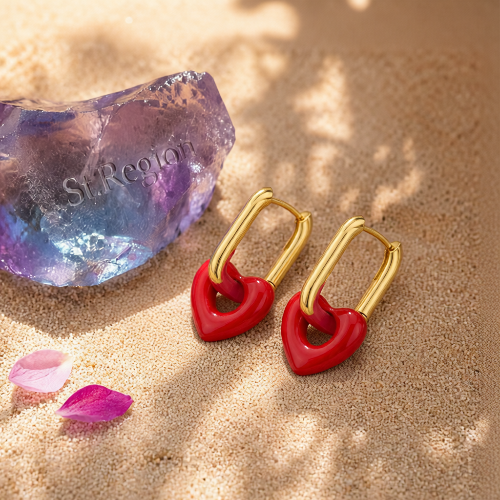 Red & 18K Gold-Plated Heart Huggie Earrings