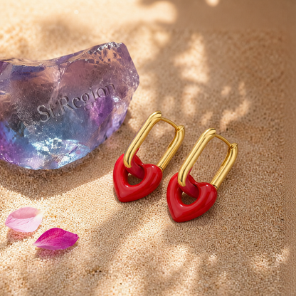 Red & 18K Gold-Plated Heart Huggie Earrings