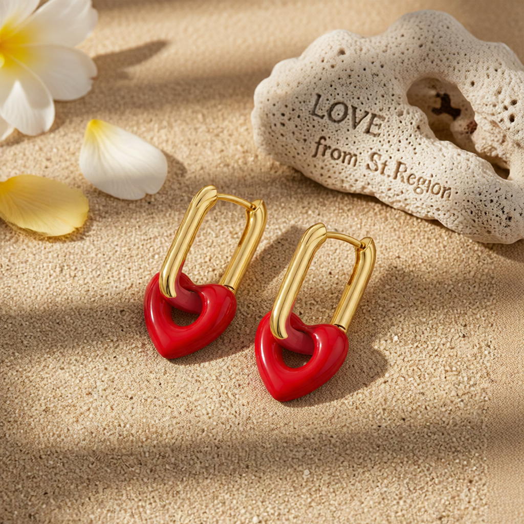 Red & 18K Gold-Plated Heart Huggie Earrings