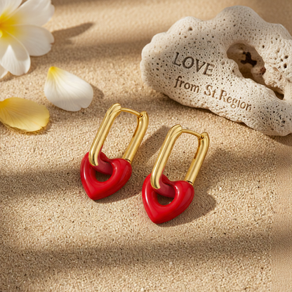 Red & 18K Gold-Plated Heart Huggie Earrings