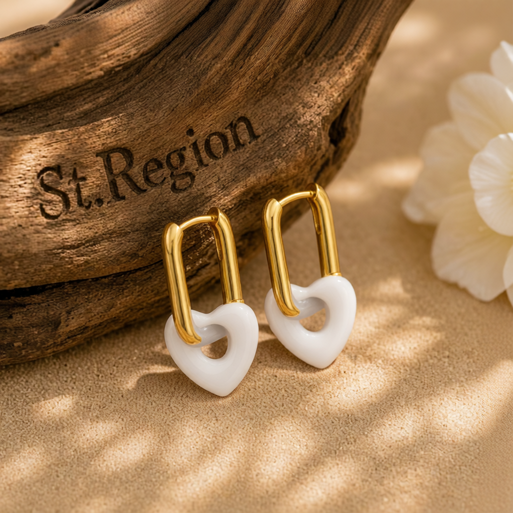 White & 18K Gold-Plated Heart Huggie Earrings