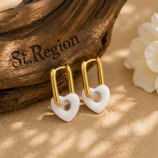 White & 18K Gold-Plated Heart Huggie Earrings