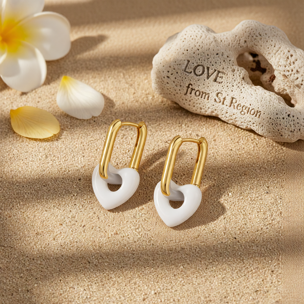White & 18K Gold-Plated Heart Huggie Earrings