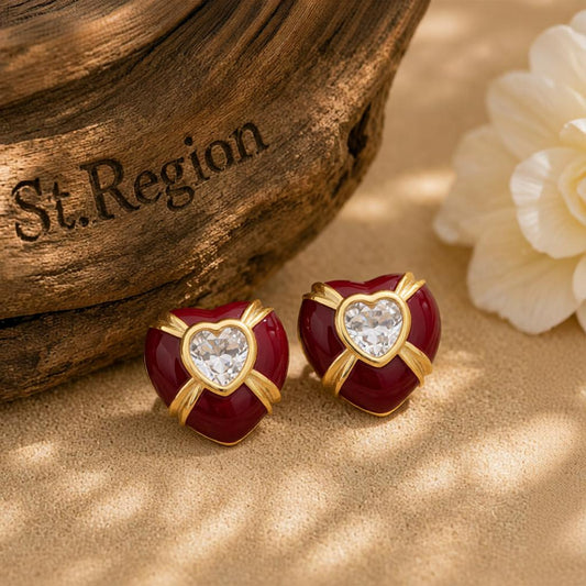 Red Enamel & Crystal Heart Stud Earrings