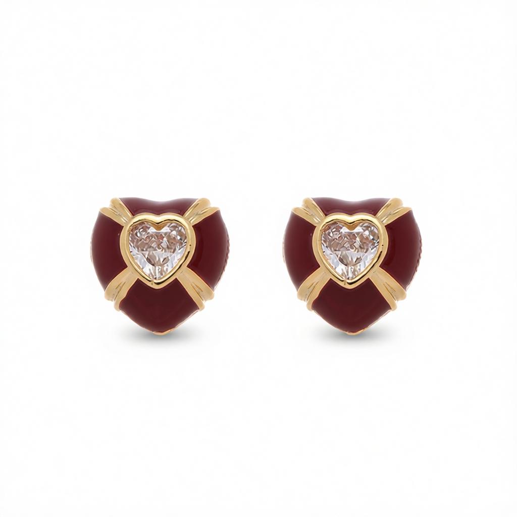 Red Enamel and Crystal Heart Stud Earrings, cubic zirconia stud earrings for women, everyday style, side view