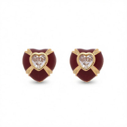 Red Enamel and Crystal Heart Stud Earrings, cubic zirconia stud earrings for women, everyday style, side view