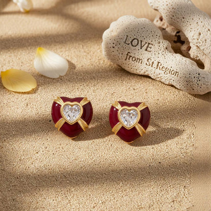 Red Enamel and Crystal Heart Stud Earrings, cubic zirconia stud earrings for women, everyday style, lifestyle look