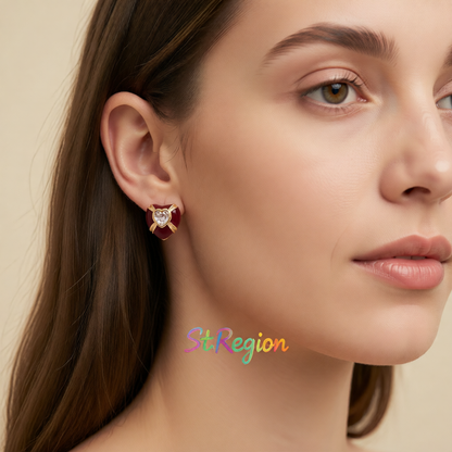 Red Enamel & Crystal Heart Stud Earrings