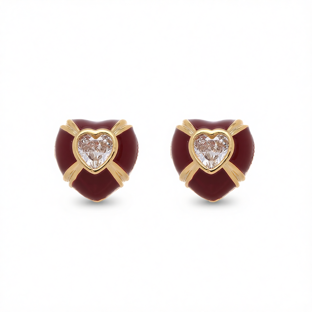 Red Enamel & Crystal Heart Stud Earrings