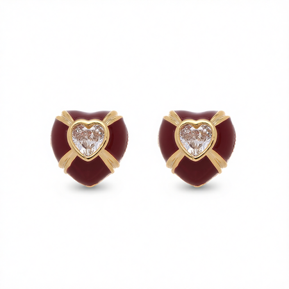 Red Enamel & Crystal Heart Stud Earrings