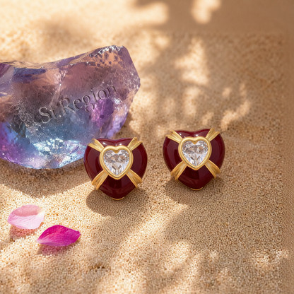 Red Enamel & Crystal Heart Stud Earrings