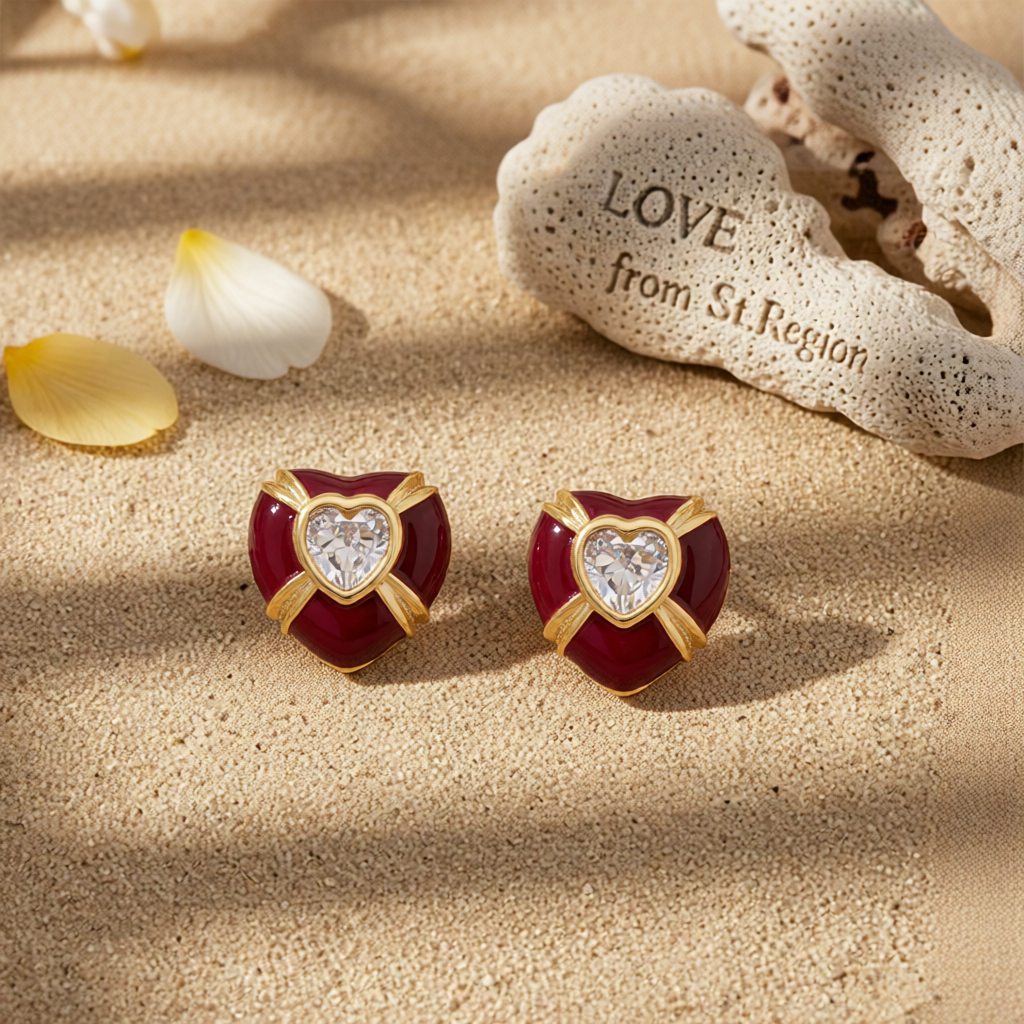 Red Enamel & Crystal Heart Stud Earrings