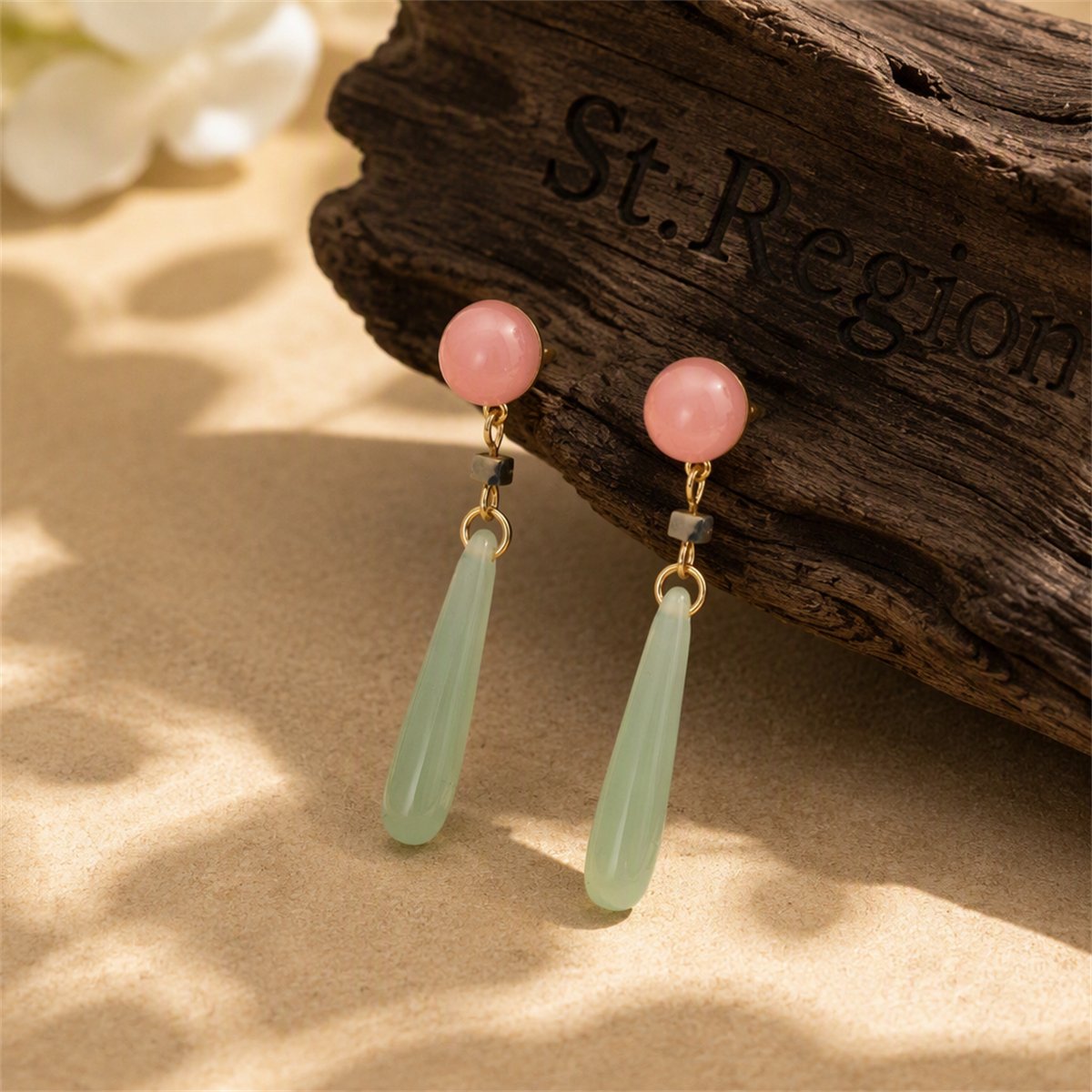 Green and Pink Quartz Drop Earrings, drop earrings for women, dainty minimalist design, front view