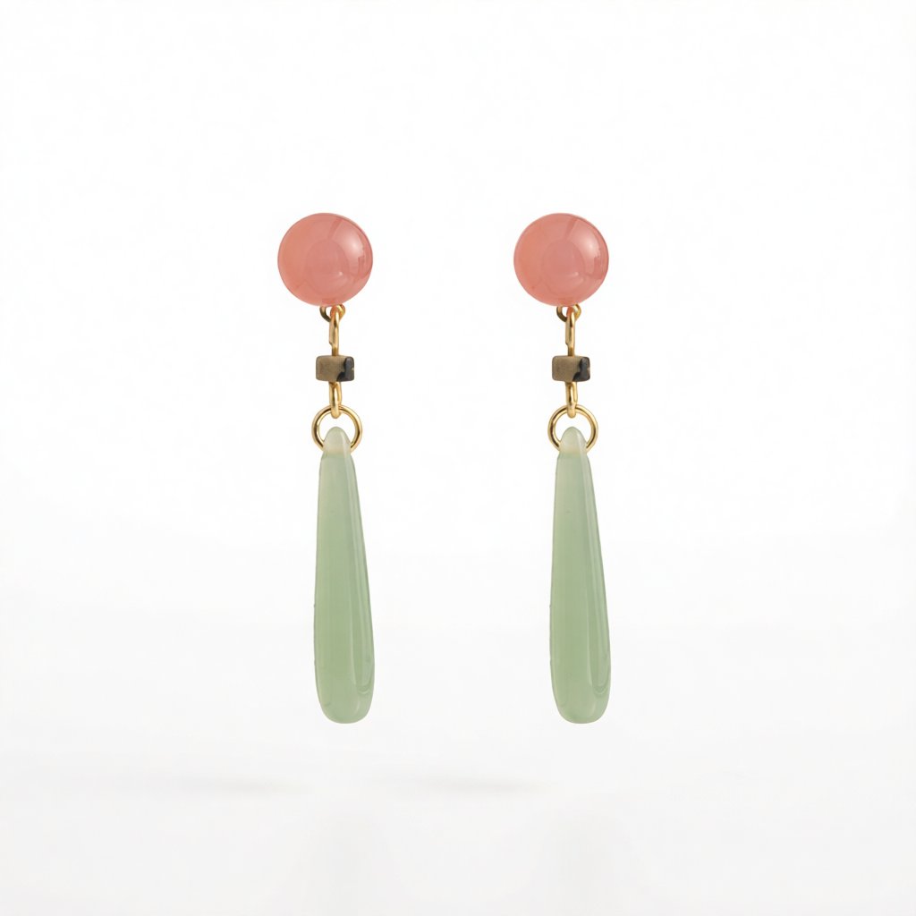 Green and Pink Quartz Drop Earrings, drop earrings for women, dainty minimalist design, side view