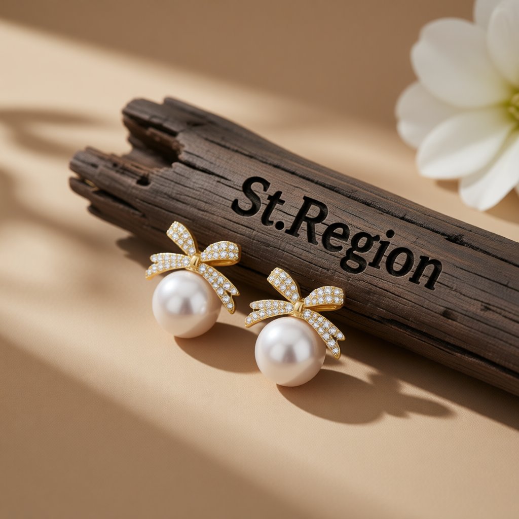 Cubic Zirconia and Pearl Bow Stud Earrings, stud earrings for women, everyday style, front view