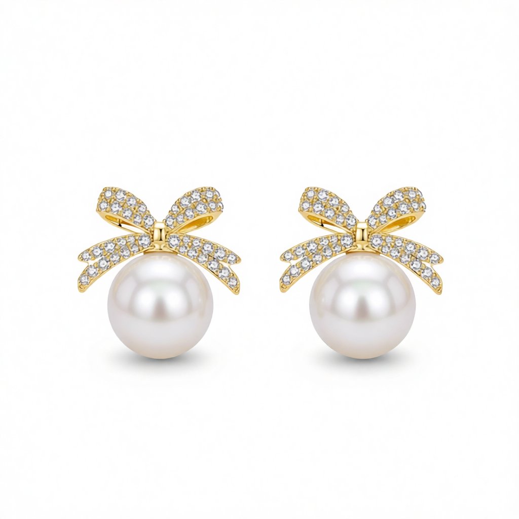 Cubic Zirconia and Pearl Bow Stud Earrings, stud earrings for women, everyday style, side view