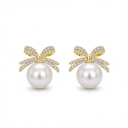 Cubic Zirconia and Pearl Bow Stud Earrings, stud earrings for women, everyday style, side view