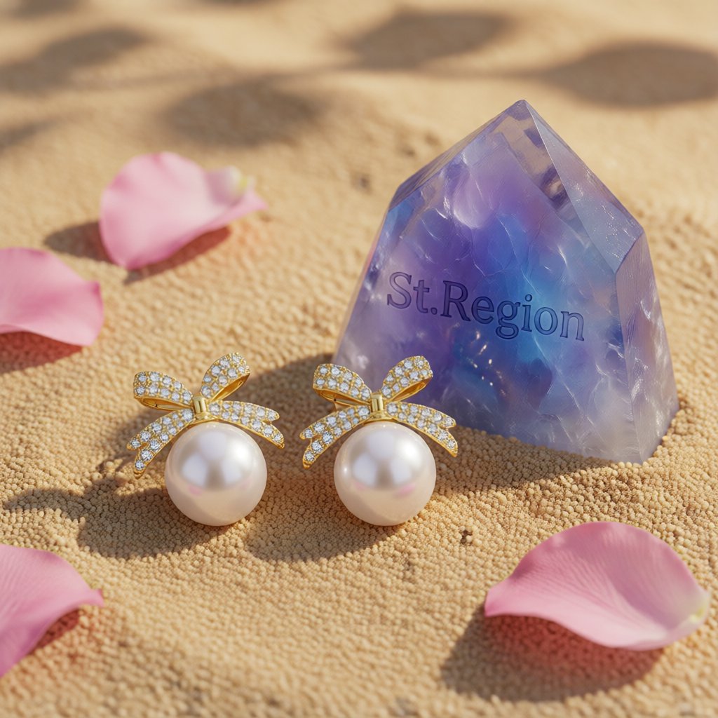 Cubic Zirconia and Pearl Bow Stud Earrings, stud earrings for women, everyday style, detail close-up