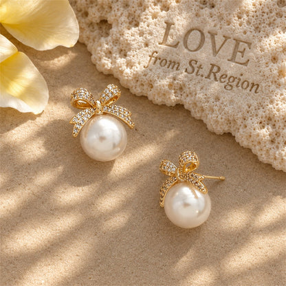 Cubic Zirconia and Pearl Bow Stud Earrings, stud earrings for women, everyday style, lifestyle look