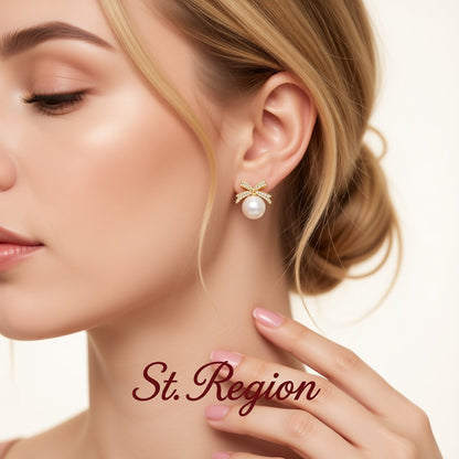 Cubic Zirconia and Pearl Bow Stud Earrings, stud earrings for women, everyday style, styled look