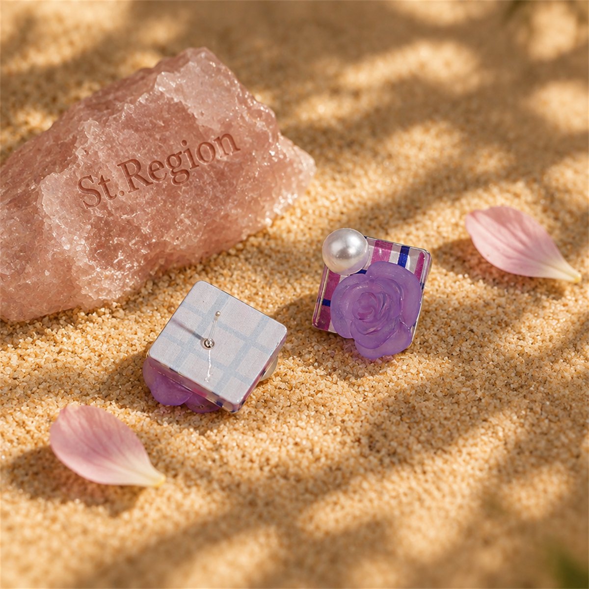 Purple Resin and Pearl Silver-Plated Flower Square Stud Earrings, silver stud earrings for women, detail close-up