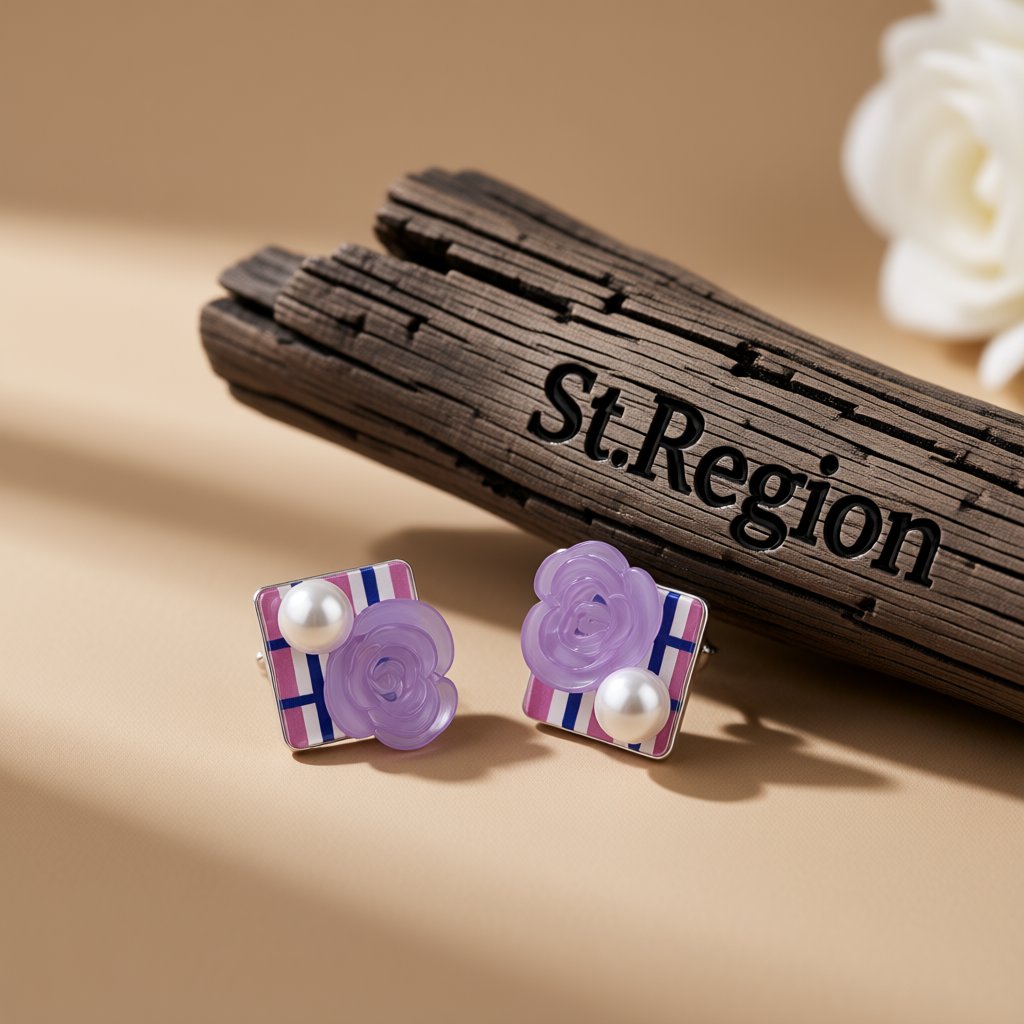 Purple Resin and Pearl Silver-Plated Flower Square Stud Earrings, silver stud earrings for women, front view