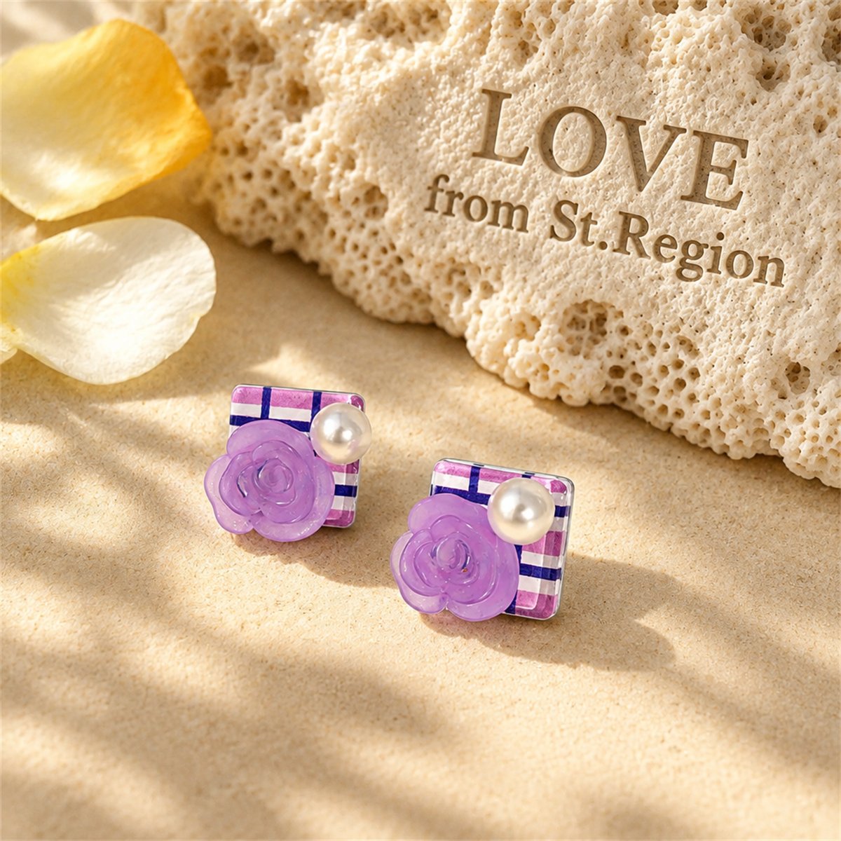 Purple Resin and Pearl Silver-Plated Flower Square Stud Earrings, silver stud earrings for women, lifestyle look