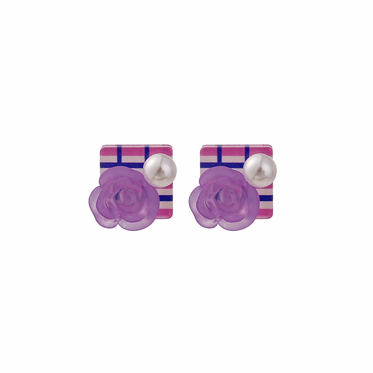 Purple Resin and Pearl Silver-Plated Flower Square Stud Earrings, silver stud earrings for women, side view