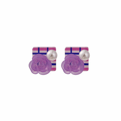Purple Resin and Pearl Silver-Plated Flower Square Stud Earrings, silver stud earrings for women, side view