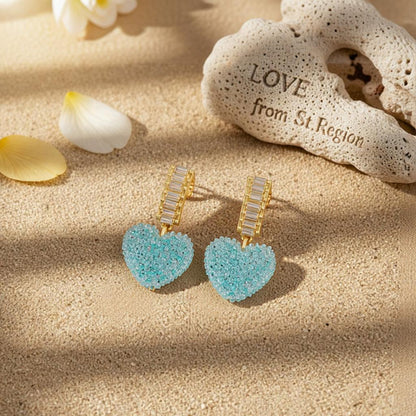 Blue Crystal and 18K Gold-Plated Heart Drop Earrings, gold drop earrings for women, vintage-inspired design, lifestyle look