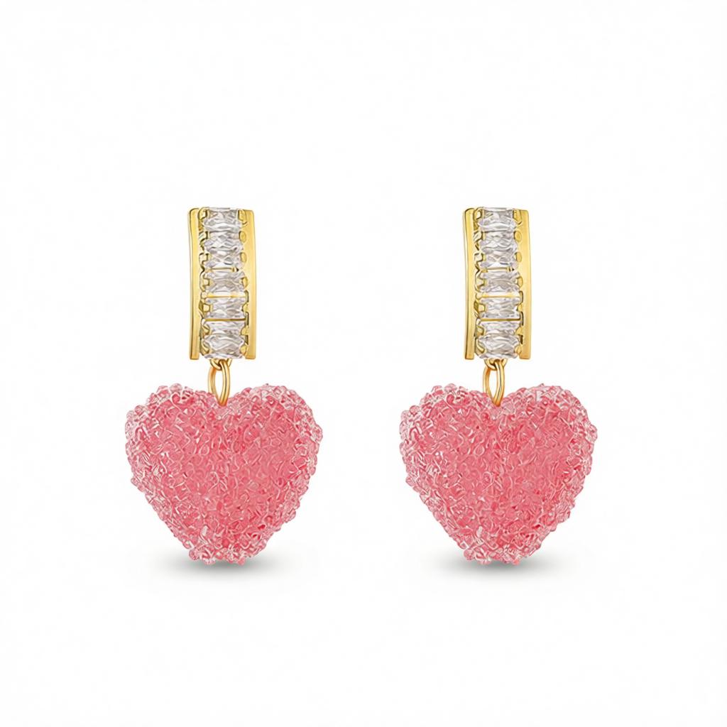Pink Crystal and 18K Gold-Plated Heart Drop Earrings, gold drop earrings for women, dainty minimalist design, side view
