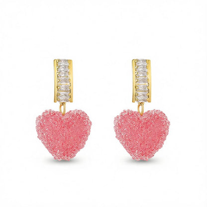 Pink Crystal and 18K Gold-Plated Heart Drop Earrings, gold drop earrings for women, dainty minimalist design, side view