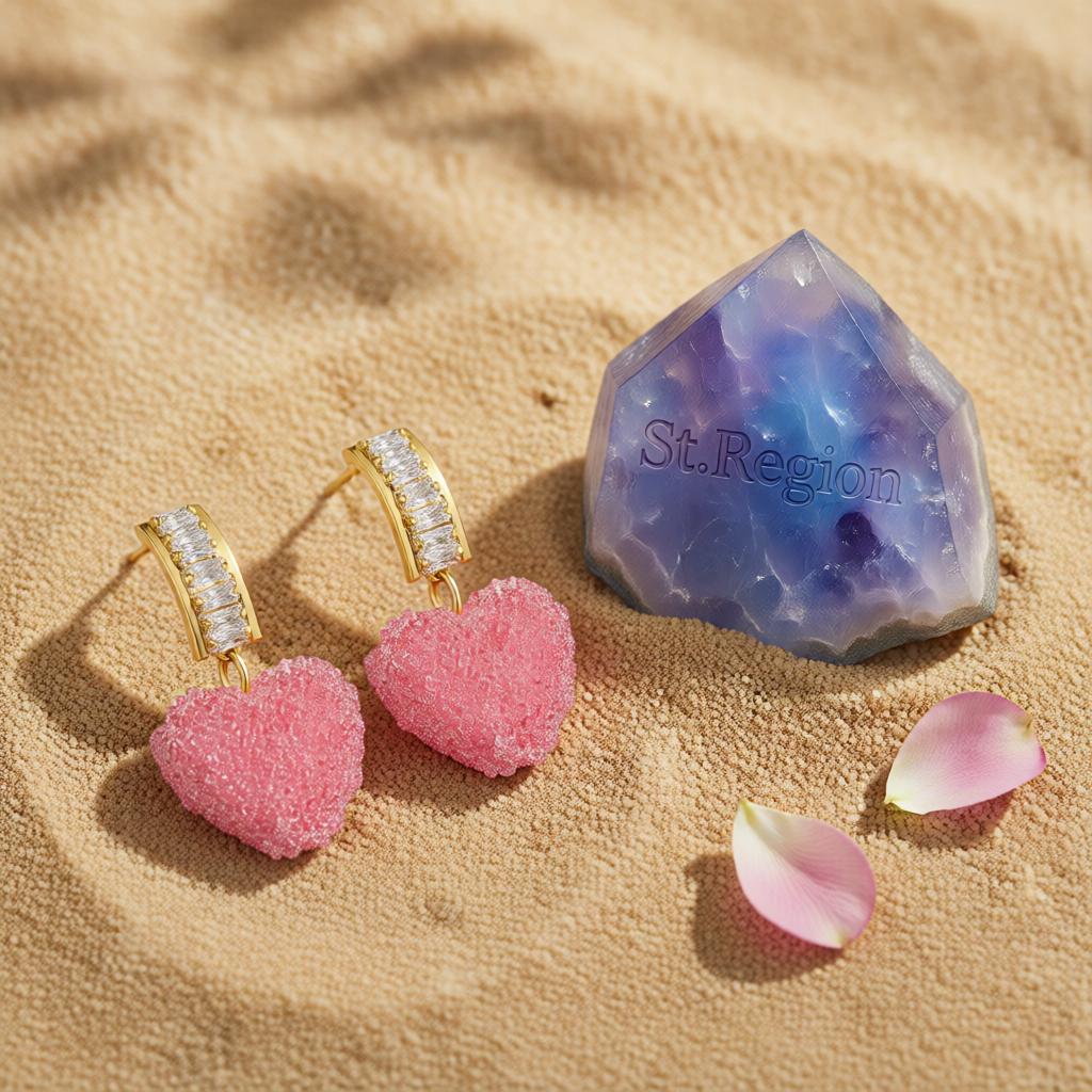 Pink Crystal and 18K Gold-Plated Heart Drop Earrings, gold drop earrings for women, dainty minimalist design, detail close-up