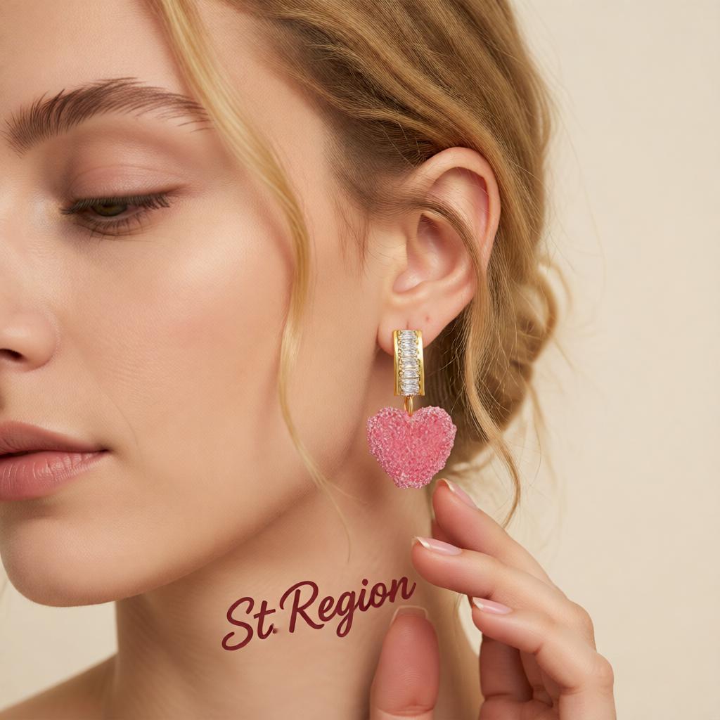 Pink Crystal and 18K Gold-Plated Heart Drop Earrings, gold drop earrings for women, dainty minimalist design, styled look