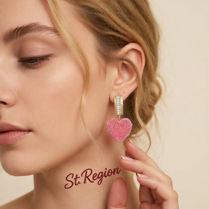 Pink Crystal and 18K Gold-Plated Heart Drop Earrings, gold drop earrings for women, dainty minimalist design, styled look