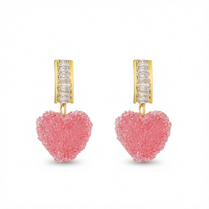 Pink Crystal & 18K Gold-Plated Heart Drop Earrings