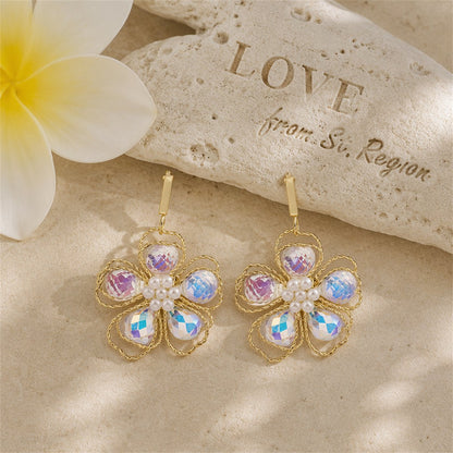 Colored Crystal & Pearl 18K Gold-Plated Floral Drop Earrings