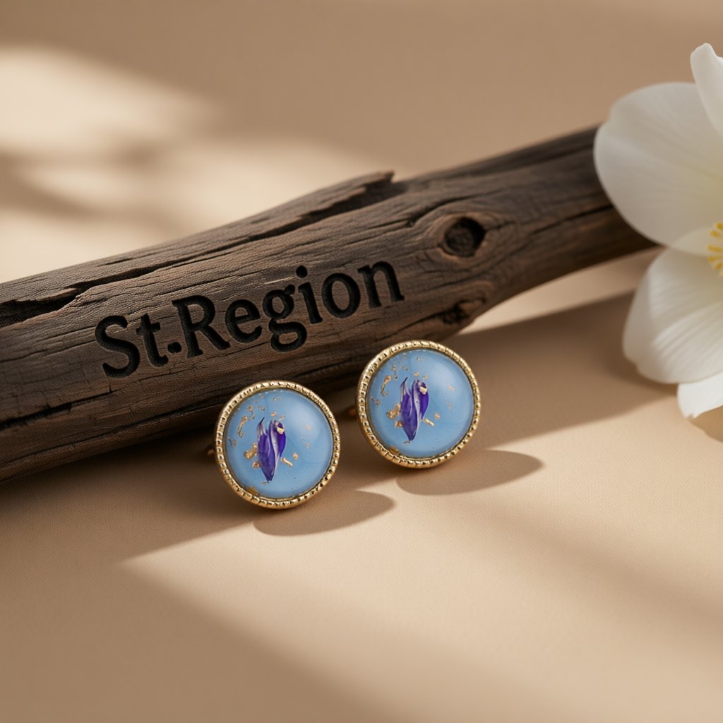 Blue and 18K Gold-Plated Flake Round Stud Earrings, gold stud earrings for women, dainty minimalist design, front view
