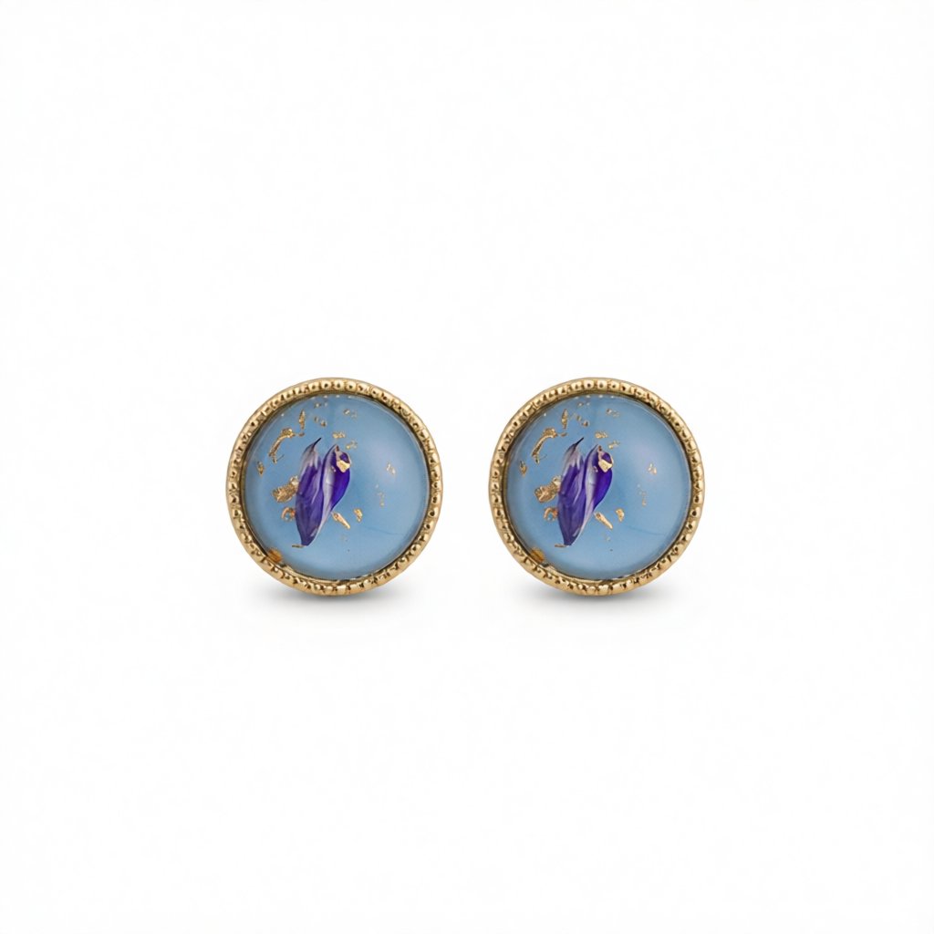 Blue and 18K Gold-Plated Flake Round Stud Earrings, gold stud earrings for women, dainty minimalist design, side view