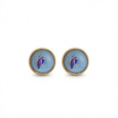 Blue and 18K Gold-Plated Flake Round Stud Earrings, gold stud earrings for women, dainty minimalist design, side view