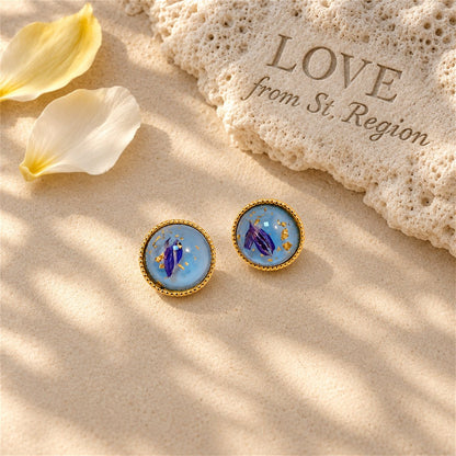 Blue and 18K Gold-Plated Flake Round Stud Earrings, gold stud earrings for women, dainty minimalist design, lifestyle look