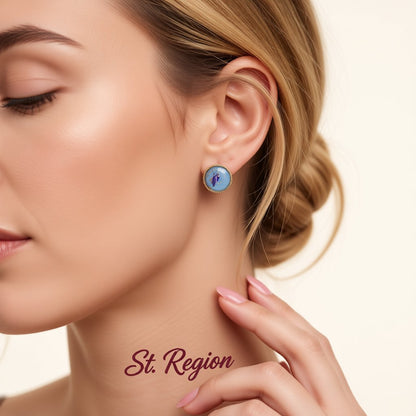 Blue and 18K Gold-Plated Flake Round Stud Earrings, gold stud earrings for women, dainty minimalist design, styled look