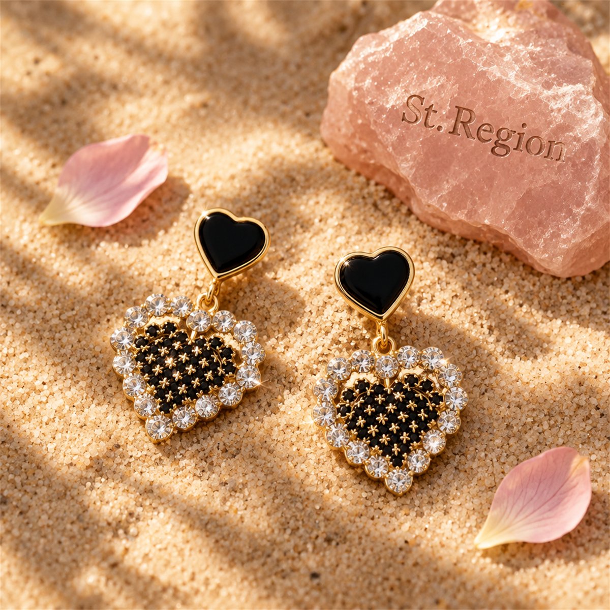 Black Enamel and Cubic Zirconia Heart Drop Earrings, drop earrings for women, dainty minimalist design, detail close-up