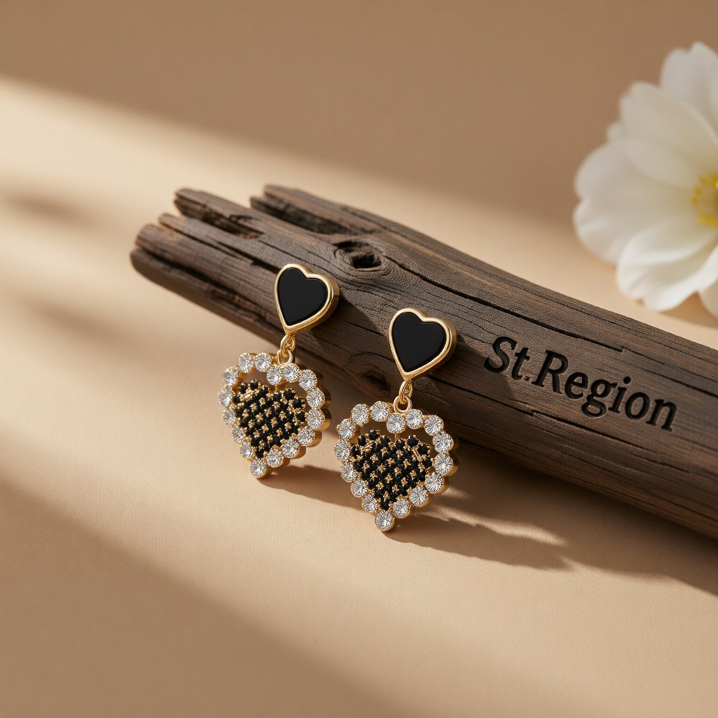 Black Enamel and Cubic Zirconia Heart Drop Earrings, drop earrings for women, dainty minimalist design, front view