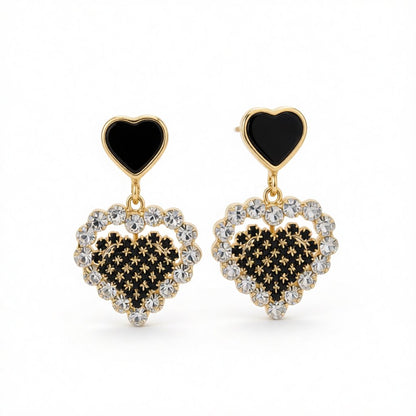 Black Enamel and Cubic Zirconia Heart Drop Earrings, drop earrings for women, dainty minimalist design, side view